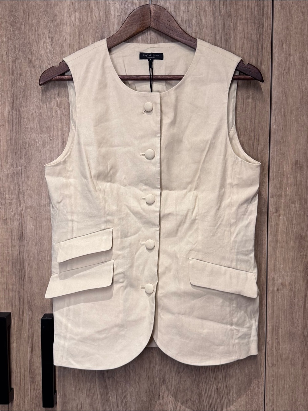 rag & bone Neutral Slade Linen Blend Pockets Crew Neck Button Front Cream Vest 8